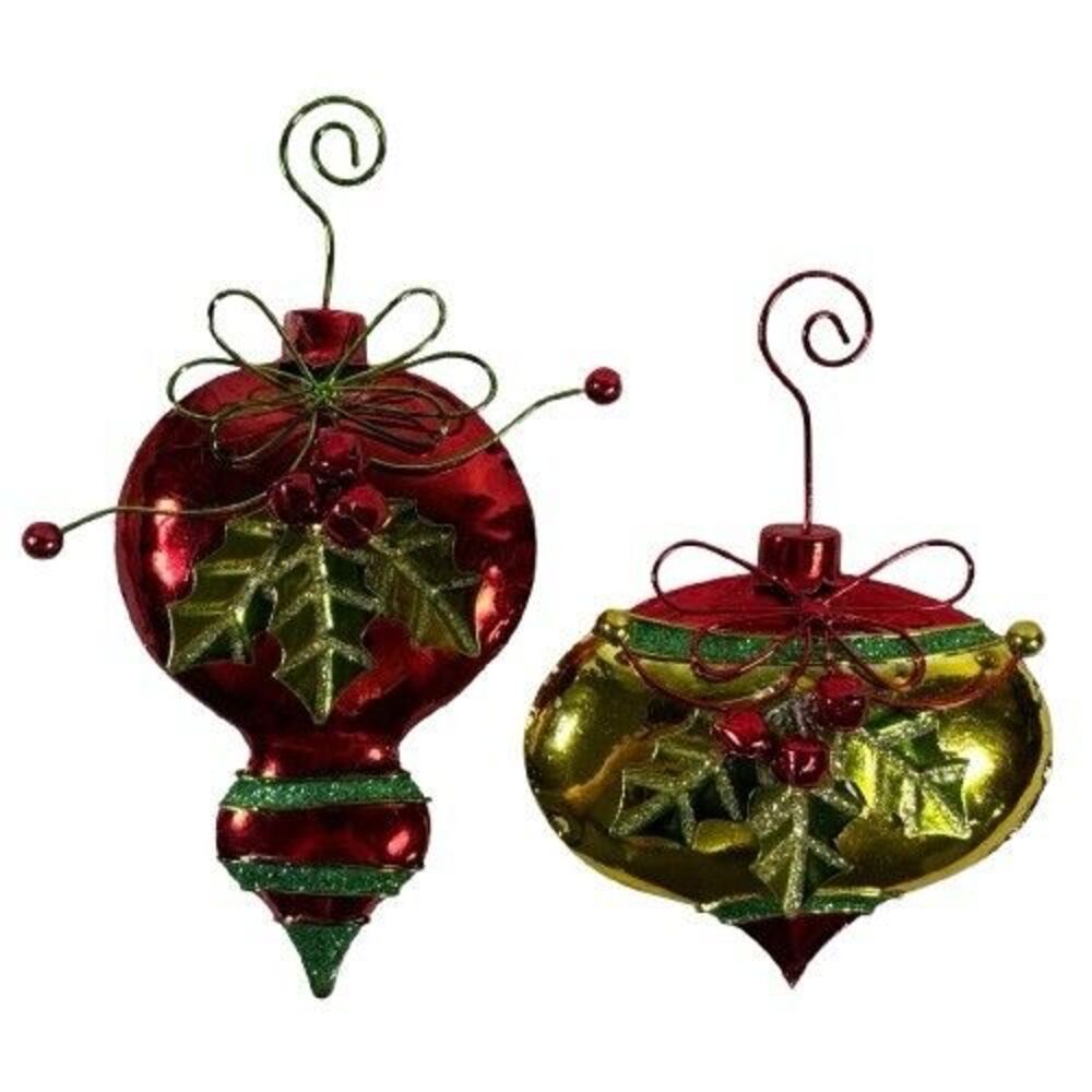 2 Large Vintage Metal Red & Green Christmas Ornaments Holly Berry w/Bells & Hook